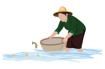 A rural woman is using a net to catch fish in a pond.vector design