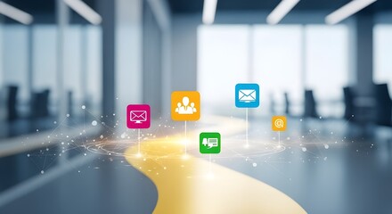 Business success roadmap concept with upward path, progress icons, check marks and strategic planning