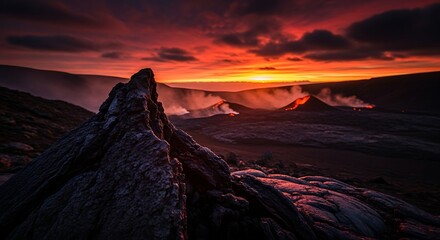 Fiery Volcanic Landscape Under Dramatic Sunset Sky With Smoking Vents