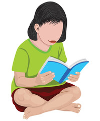 A girl in a green shirt is sitting and reading a book.vector design