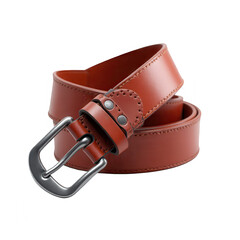 A rich rust-colored leather belt with a classic metal buckle is showcased against a striking black backdrop.