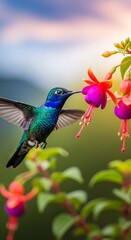 Tiny Hummingbird Sips Nectar From Vibrant Fuchsia Flower on Sunny Day