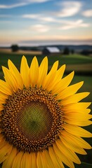 Vibrant Sunflower in a Picturesque Rural Landscape at Sunset