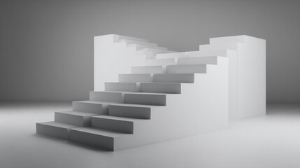 A striking staircase made of white materials leads in multiple directions within a simple and clean interior space. The design highlights geometric shapes and contrasts sharply with the background.