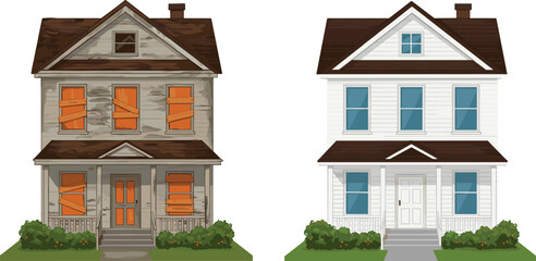 before and after house, property condition contrast, real estate illustration, renovation concept, cartoon homes, vector architecture, design