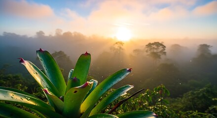 Misty Sunrise Over Lush Tropical Rainforest Canopy With Bromeliad Plant
