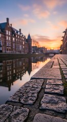 Historic European Canal Waterfront Architecture at Sunrise Reflections