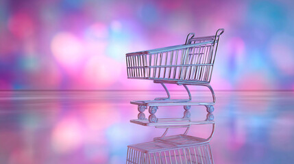 Shopping cart on glossy reflective surface with dreamy pastel bokeh background in pink, purple and blue tones