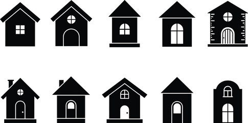 Black and white house icons, minimal residential architecture set, vector home designs, modern building symbols, property illustration pack