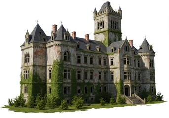Fototapeta premium Eerie splendor: Decaying castle overgrown with verdant vines stands in isolation