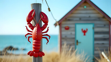 A red lobster sign hanging outside, quaint rustic beach house, wood exterior, faded paint, ocean background - coastal building, seashore restaurant, seafood eatery, outdoor summer dining destination
