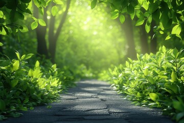 Fototapeta premium Tranquil forest path illuminated by sunlight through lush green leaves during a serene afternoon