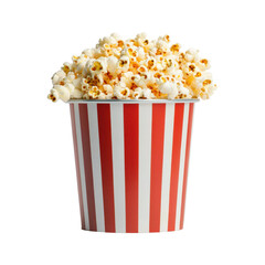 A striped bucket filled with fluffy popcorn, showcasing a delicious snack often enjoyed at movies and events.