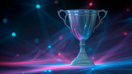 Glass trophy glowing with neon lights in futuristic digital environment with abstract particles and vibrant light trails