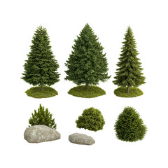 A collection of various green trees and bushes, featuring different shapes and sizes, alongside several rocks.