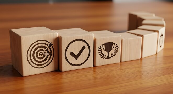 Action plan and goal achievement concept with wooden blocks showing targets, check marks and business objectives