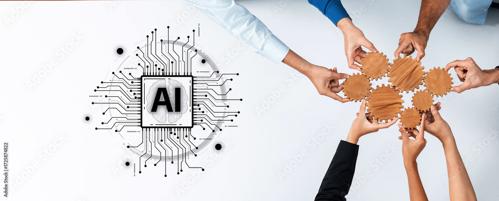 Poster a diverse group of hands connecting gears on a table, symbolizing collaboration in artificial intell