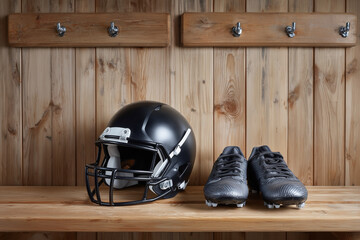A black football helmet and two black cleats are on a wooden shelf