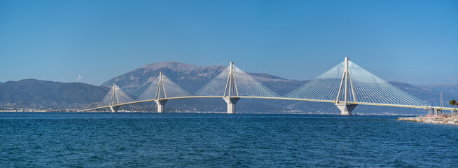 Panorama view of Rio-Antirio Charilaos Trikoupis bridge at daylight, Greece.