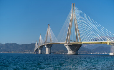 View of Rio-Antirio Charilaos Trikoupis bridge at daylight, Greece.