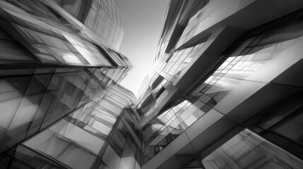 Looking up at tall glass buildings in an urban area the reflections create an artistic view. The light enhances the sleek lines and shapes of the architecture evoking modern design.