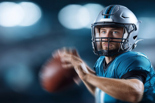 A man in a football helmet is holding a football