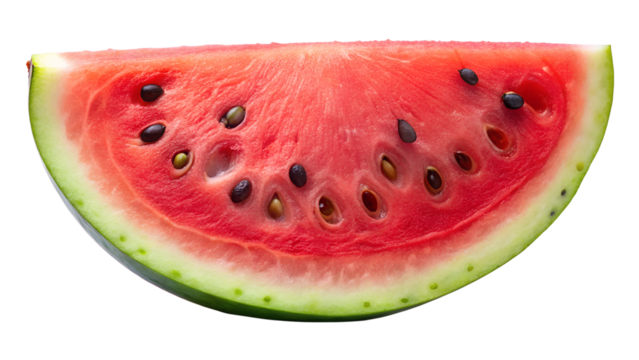 A refreshing slice of watermelon isolated on transparent background, displaying its vibrant red color, juicy texture, and scattered black seeds for a healthy snack