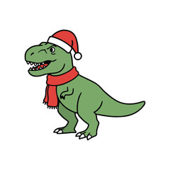 Cute T-Rex Dinosaur with Santa Hat and Scarf Christmas Vector Illustration