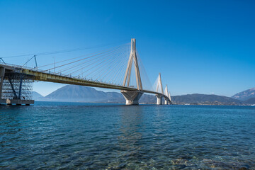View of Rio-Antirio Charilaos Trikoupis bridge at daylight, Greece.
