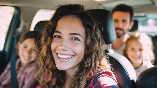 Family enjoys a joyful road trip in the rear passenger seat of their car, smiling and sharing happy moments during their adventure together in nature