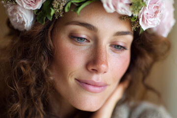 A woman with a flowery headband and a smile on her face