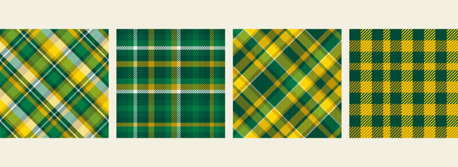 Collection of green and yellow seamless plaid tartan pattern, colorful natural fabric swatch, textile, geometric background