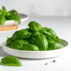 Fresh basil leaves on a plate