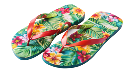 A pair of vibrant flip flops with a tropical floral pattern, perfect for summer vacation and beach days isolated on transparent background, studio shot