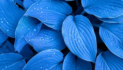 Vibrant blue leaves covered in water droplets