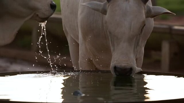Closeup of a zebu cow drinking water from a trough on a farm
