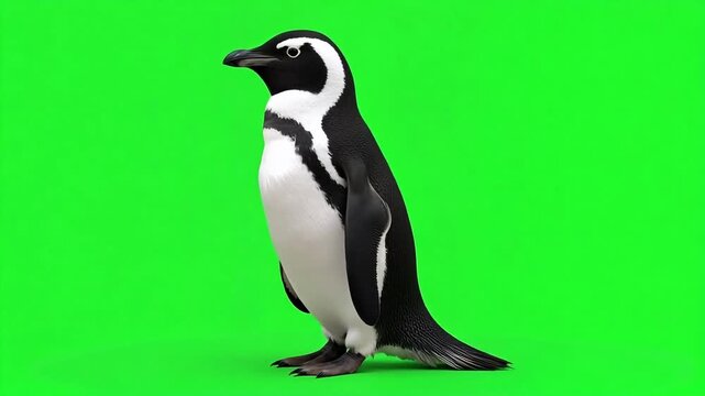 Cute penguin waddling across vibrant green screen studio, ready for your animation or visual effects project, perfect for animal lovers and kids