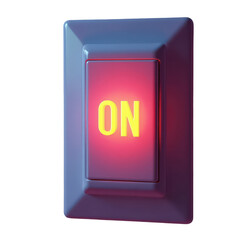 Close-up view of a light switch in the on position, featuring a prominent illuminated "on" label in bright yellow lettering against a deep red background, within a light gray casing, set against a...