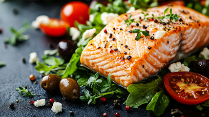 Mediterranean cuisine, top view: grilled salmon fillet with Greek salad of fresh vegetables, tomatoes, olives, lettuce and feta cheese.