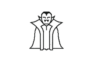 Pixelated Dracula with Fangs and Cape Displays Retro Horror Style on a White Background