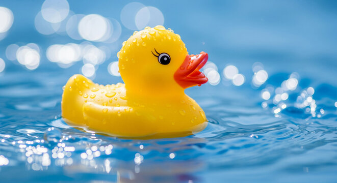 Close-up bright yellow rubber duck toy floating in sparkling blue water, wet with drops. Perfect for bath time fun and childhood. - Powered by Adobe