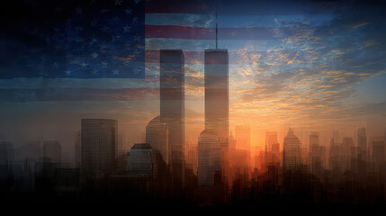 Twin Towers silhouette American flag overlay sunset cityscape New York skyline September remembrance patriotic mood urban architecture memorial tribute emotional reflection