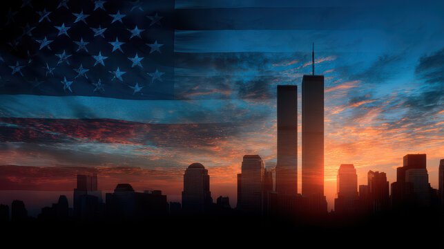 Twin Towers American flag sunset cityscape silhouette patriotism bravery September remembrance dramatic sky urban skyline - Powered by Adobe