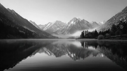 Black and white serene mountain lake scene with snow-capped peaks reflected