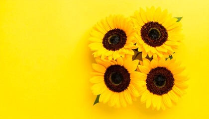 Four sunflowers arranged on yellow background