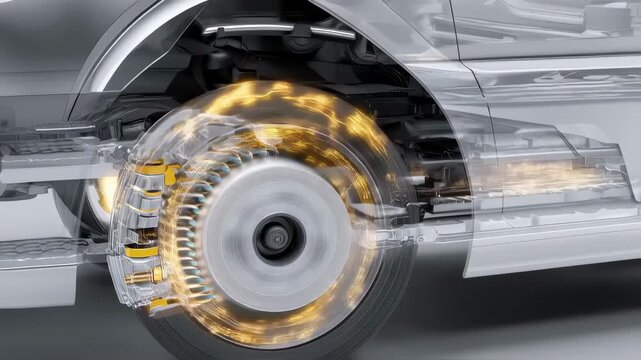 Closeup on the electric trucks energyrecapturing brake mechanism with clear detail on the brake disc while the vehicle cabin and surroundings remain softly out of focus