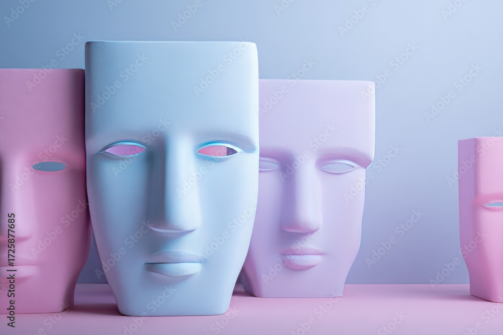 Poster pastel mask clean studio shot floating human emotion abstract minimal soft color surreal modern myst