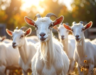 Fototapeta premium Charming white goats in the golden hour