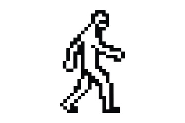 Pixelated figure is walking, rendered in black and white, a nostalgic retro video game style