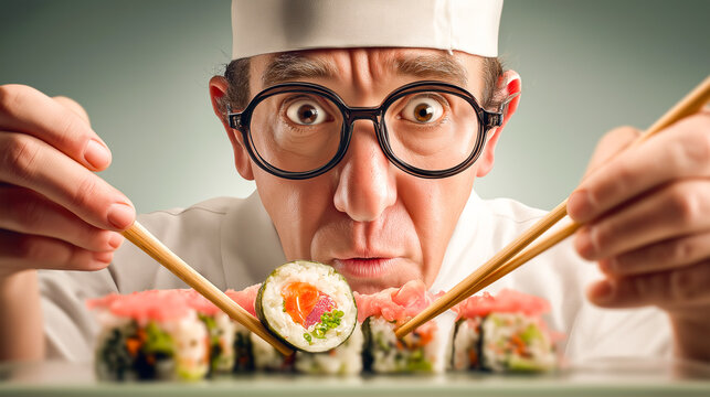 close up of sushi Chef preparing sushi rolls